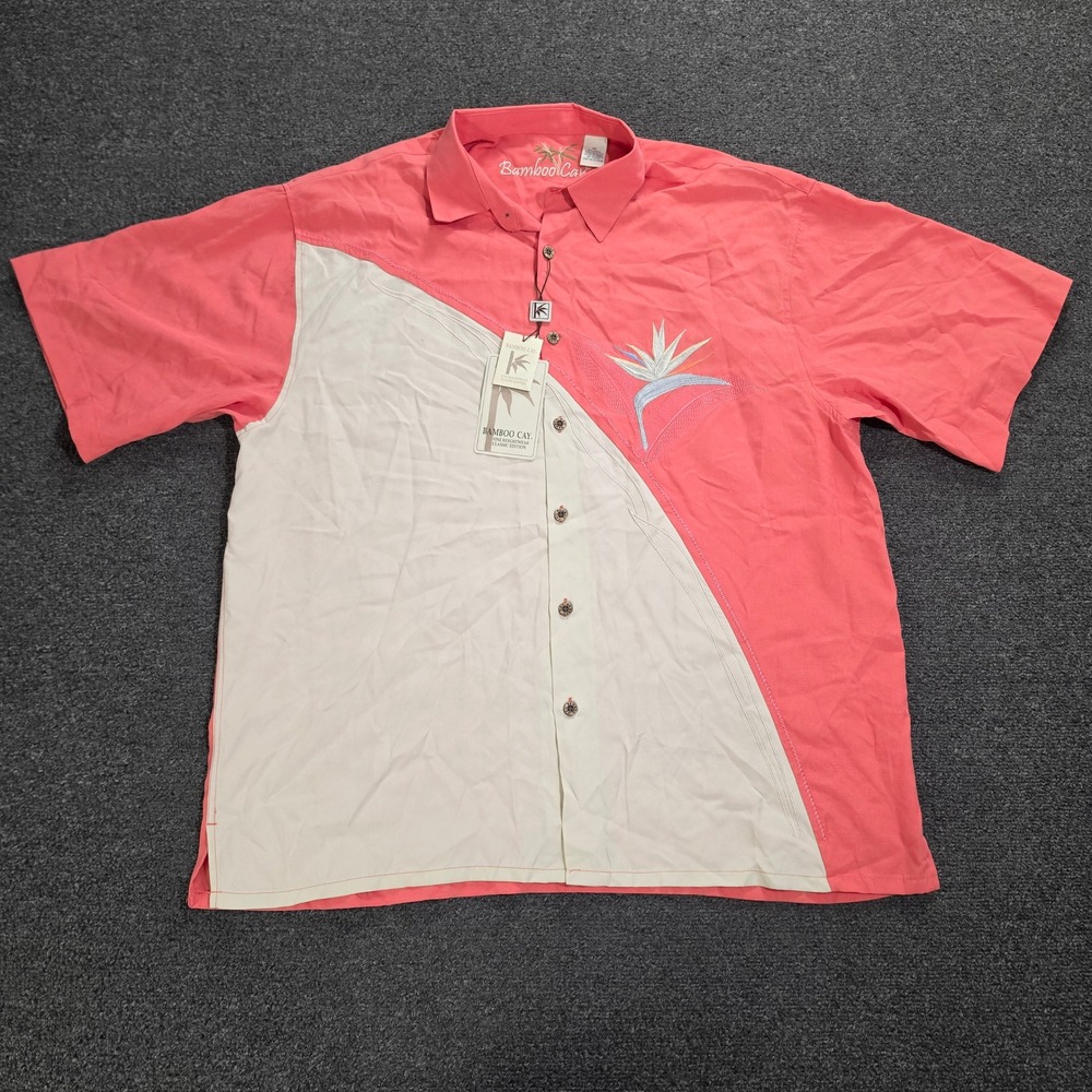 Bamboo Cay Camp Shirt Mens XL Pink Bird of Paradise Embroidered Silk Blend 3942